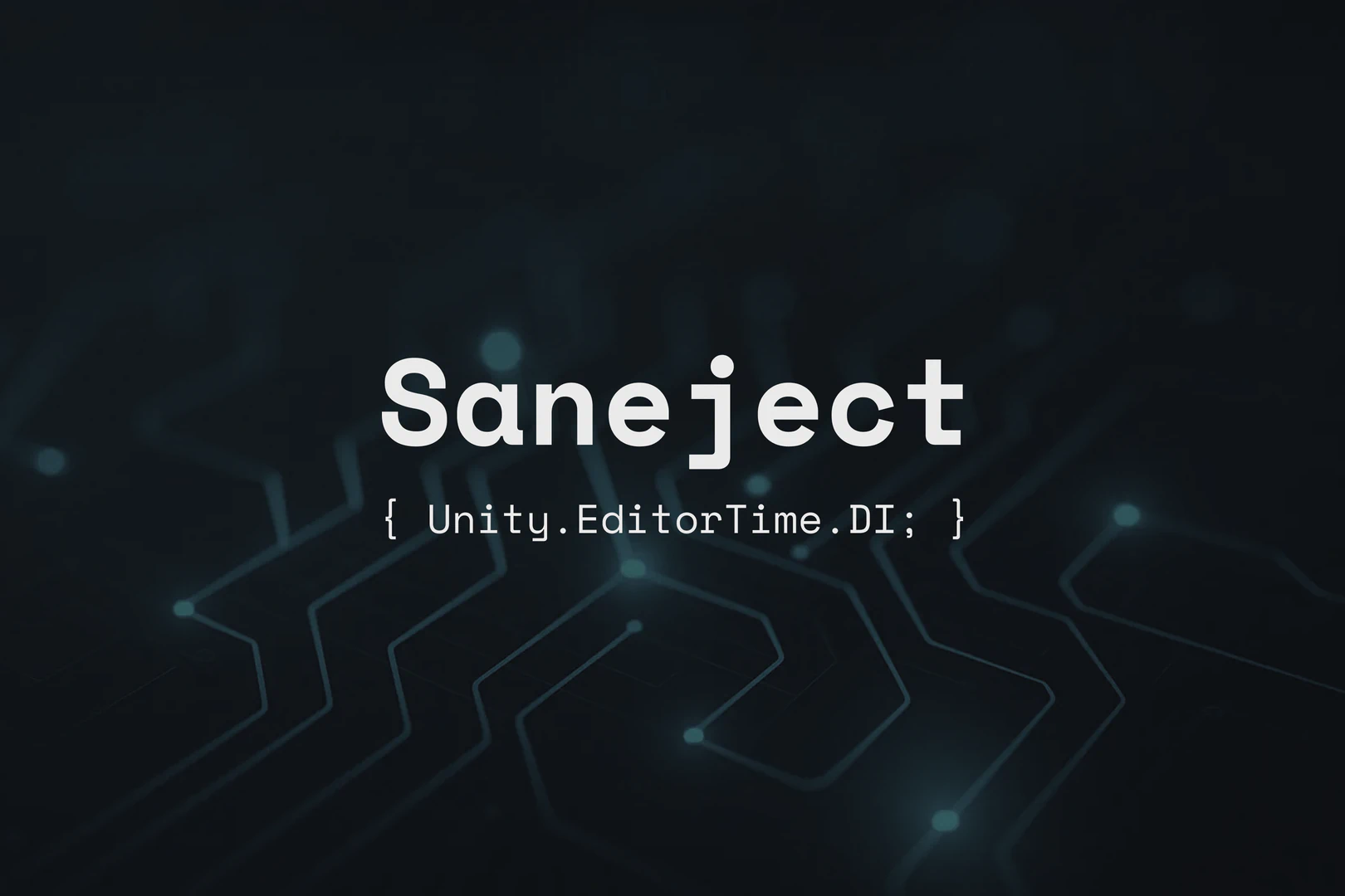 Saneject logo with tagline { Unity.EditorTime.DI; } over a dark circuit board background with glowing lines.